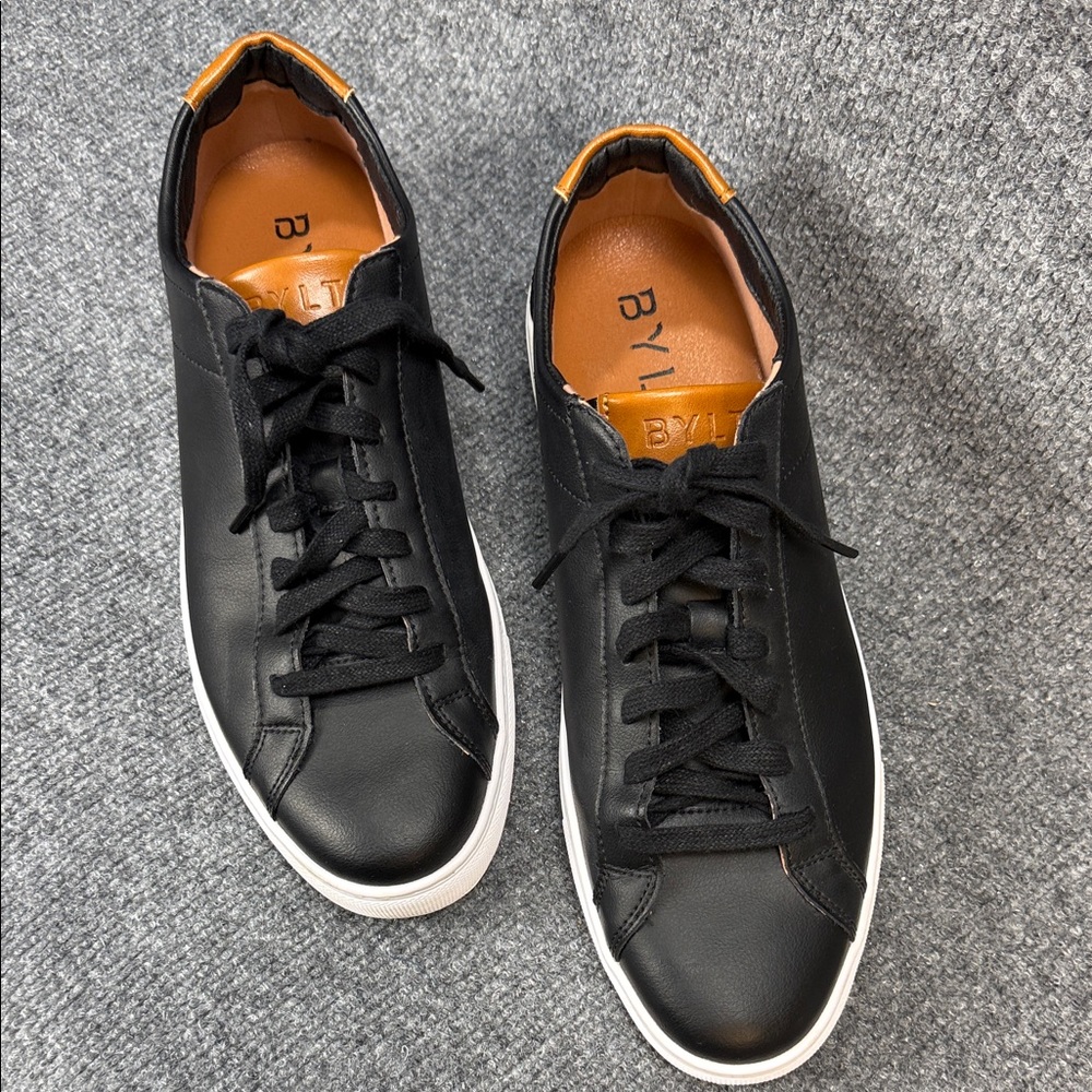 BYLT Premium Basics Black Leather Sneakers with Brown Logo on Tongue & Heel.